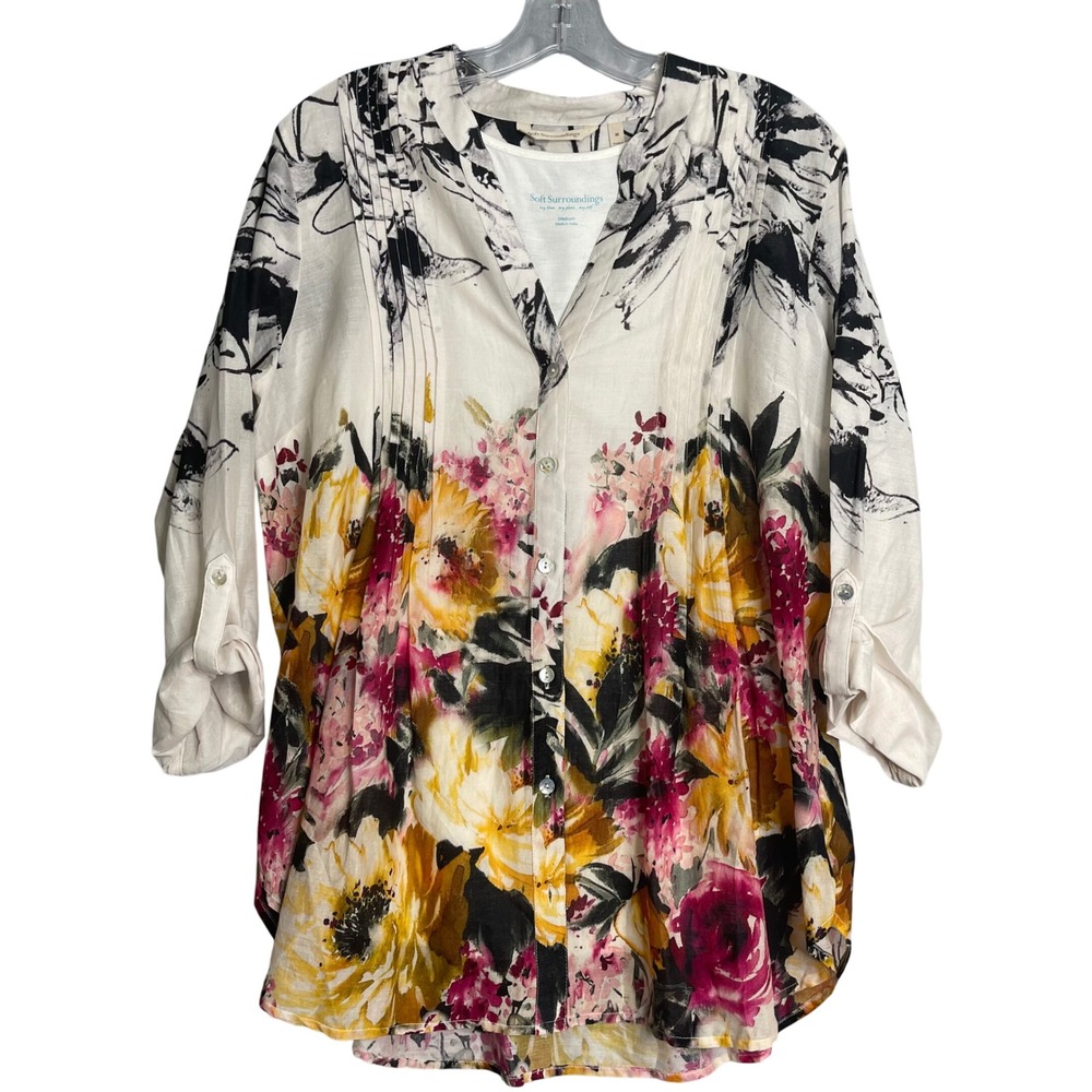 Soft Surroundings Champ De Fleurs Shirt Womens M Multi Color Floral Pleated